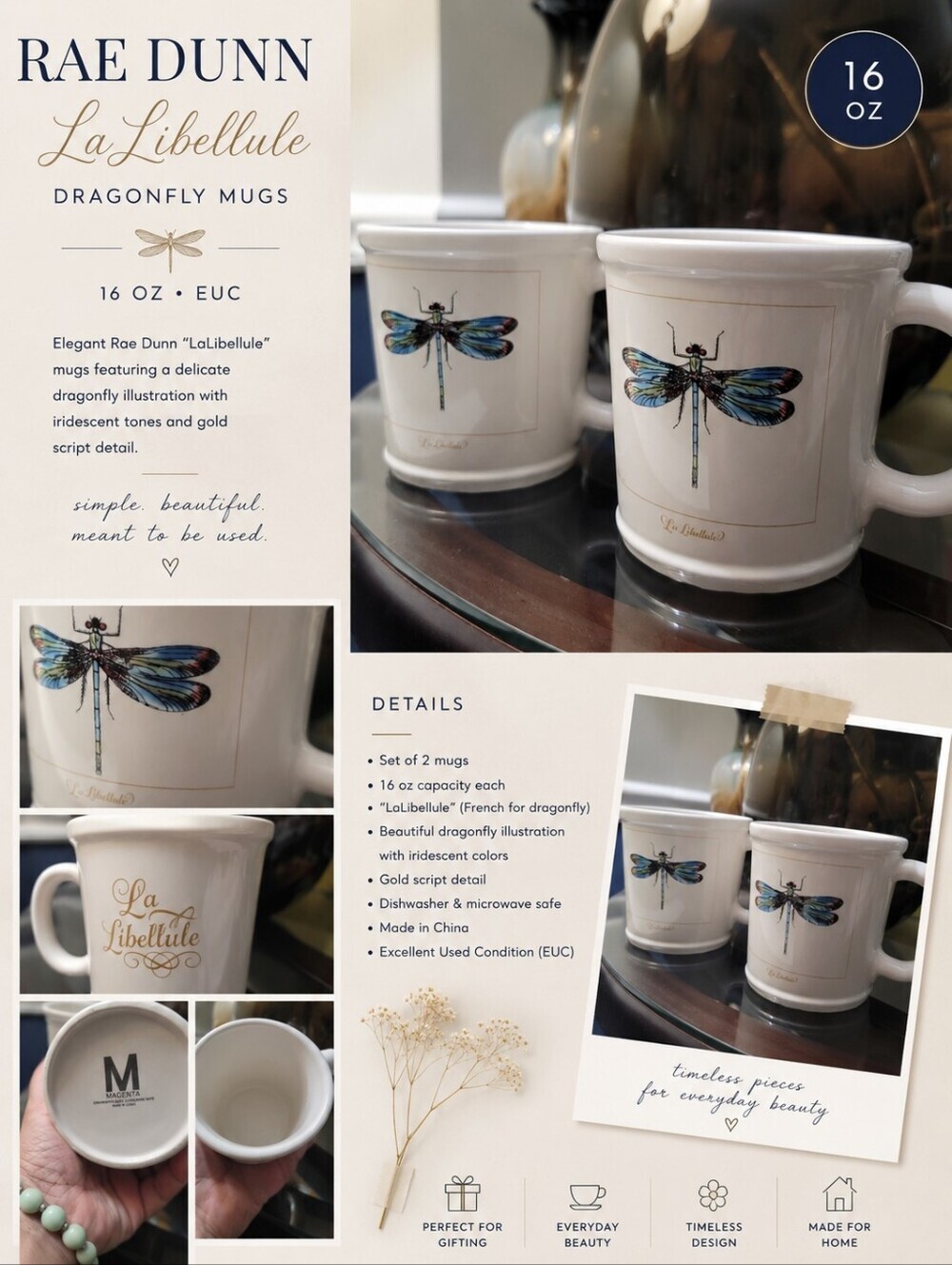 Rae Dunn “LaLibellule” Dragonfly Mug Set Magenta 16 oz EUC